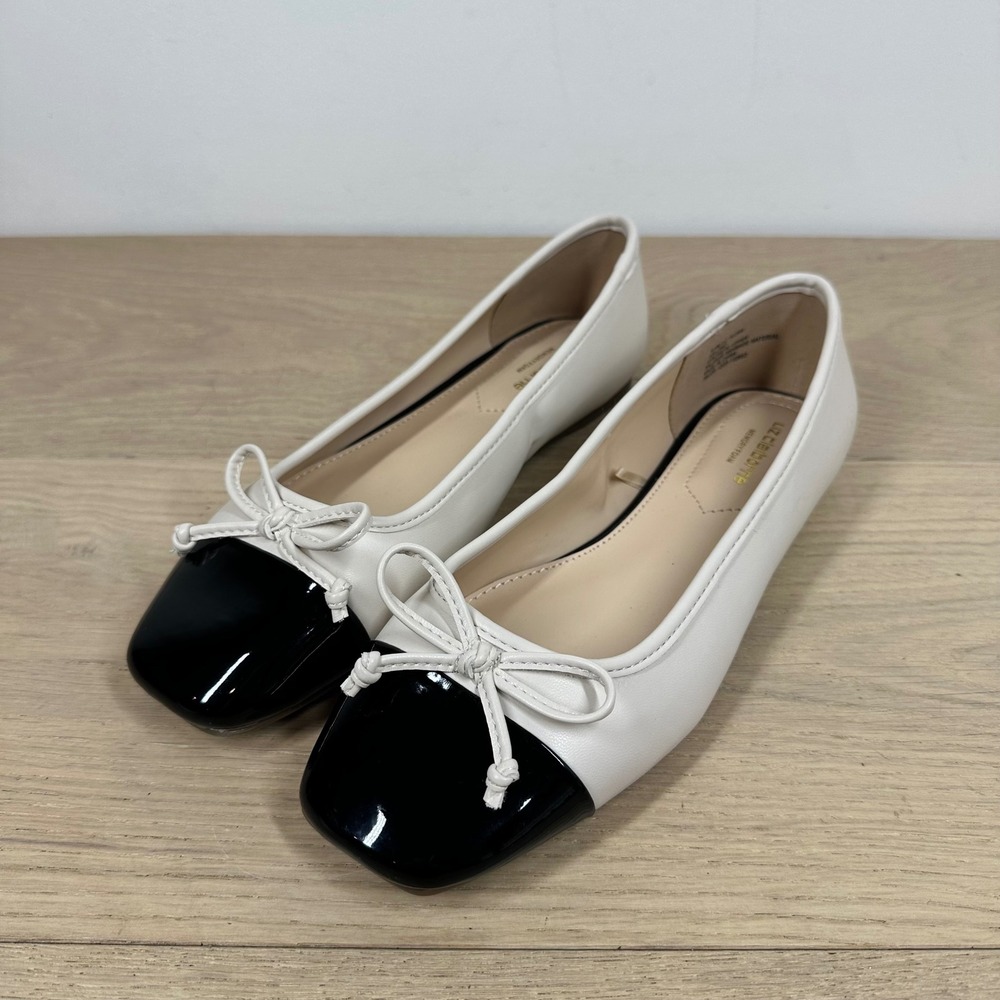 Liz Claiborne Flora Ballet Flats Women 6.5 White Black Cap Toe Bow Classic Mod